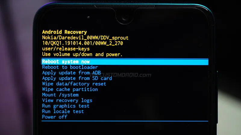 Select 'Reboot System Now' after installing OTA update on Nokia 5.3