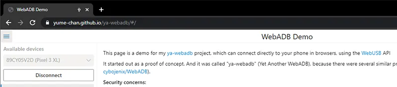 Android device connected to WebADB