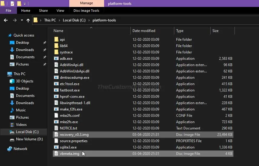 Copy Modified VBMeta and TWRP Recovery Image files to Android SDK Platform-Tools folder