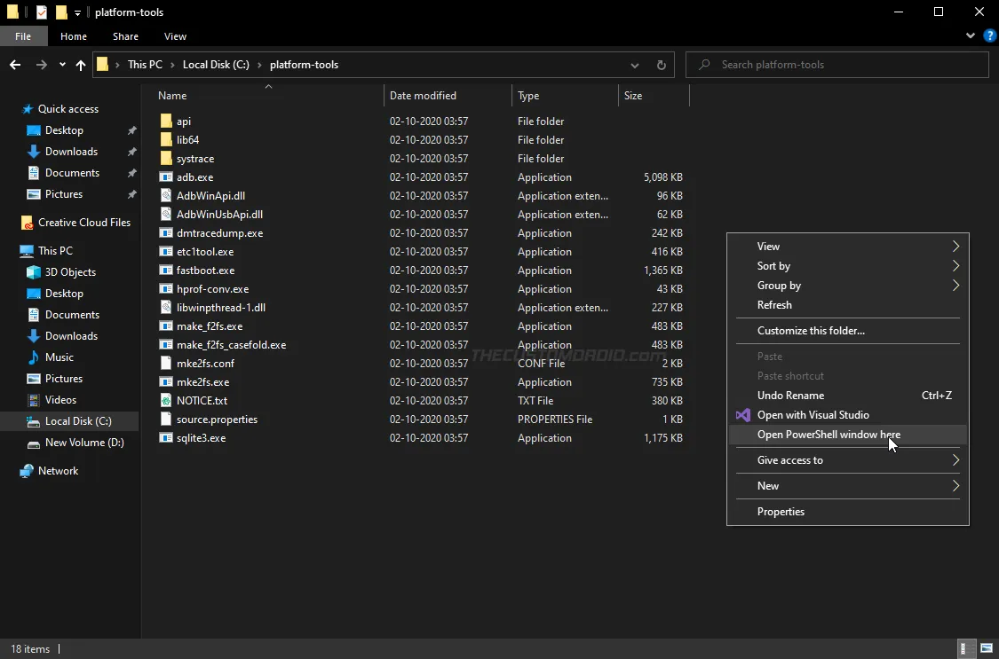 Launch PowerShell inside 'platform-tools' folder