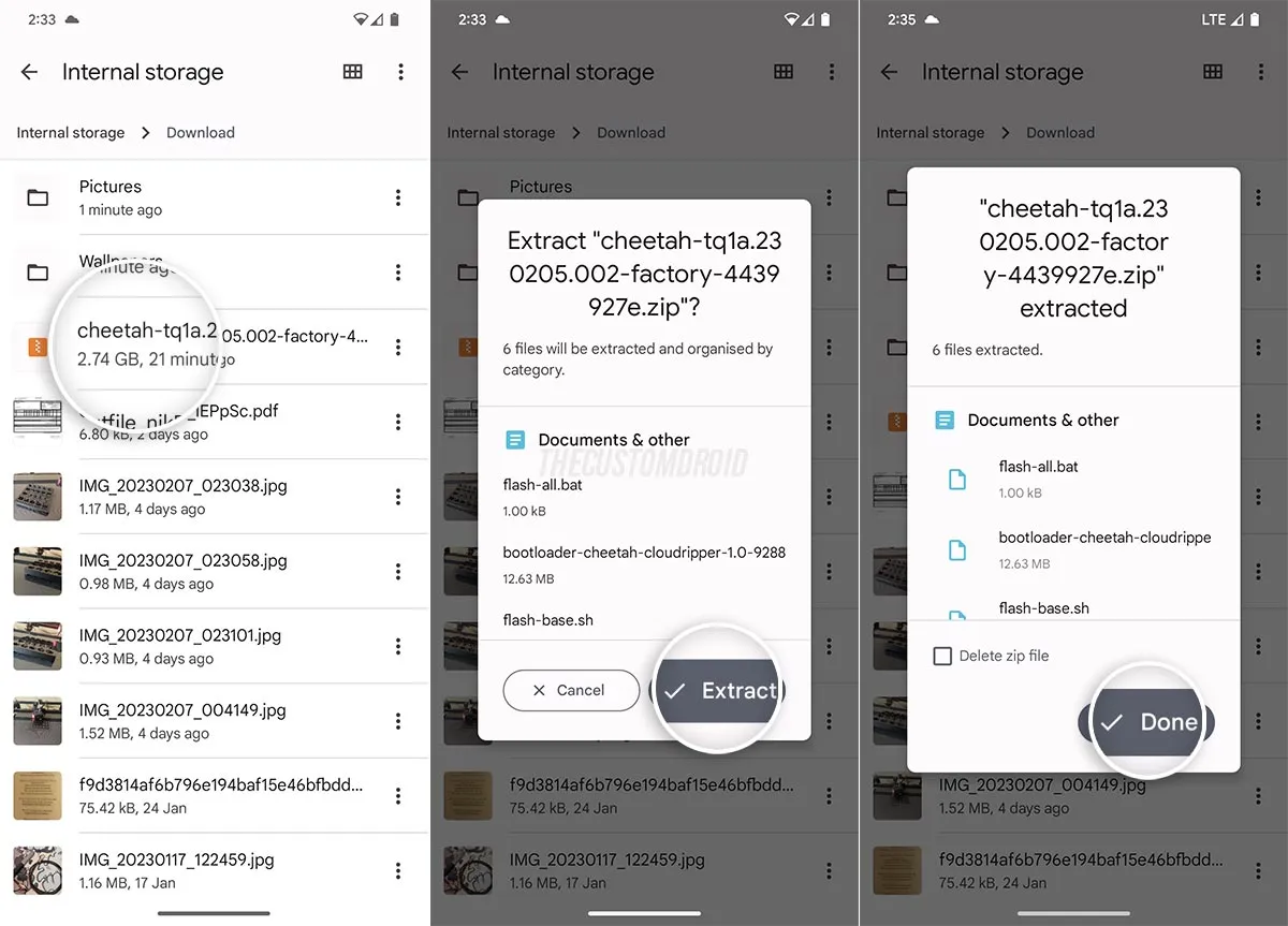 Extract the Pixel factory image using the Files app