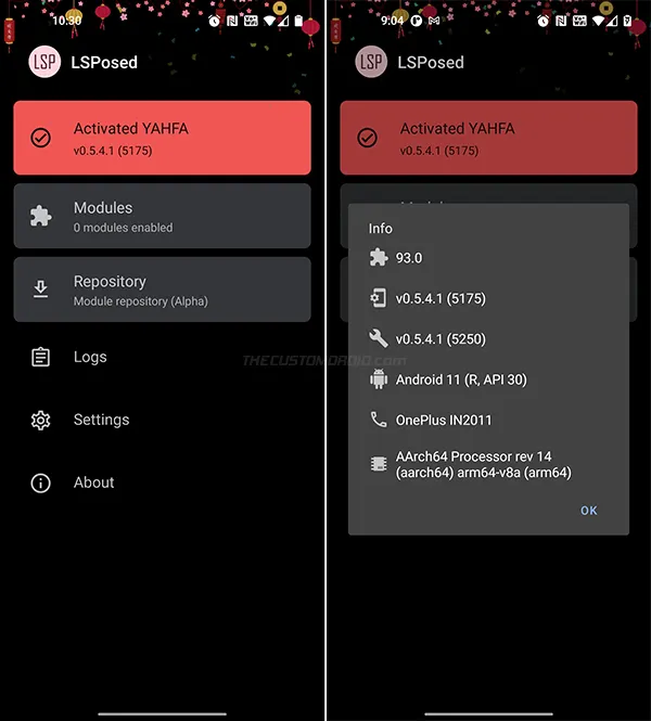 Verify Xposed Framework status in LSPosed Manager app