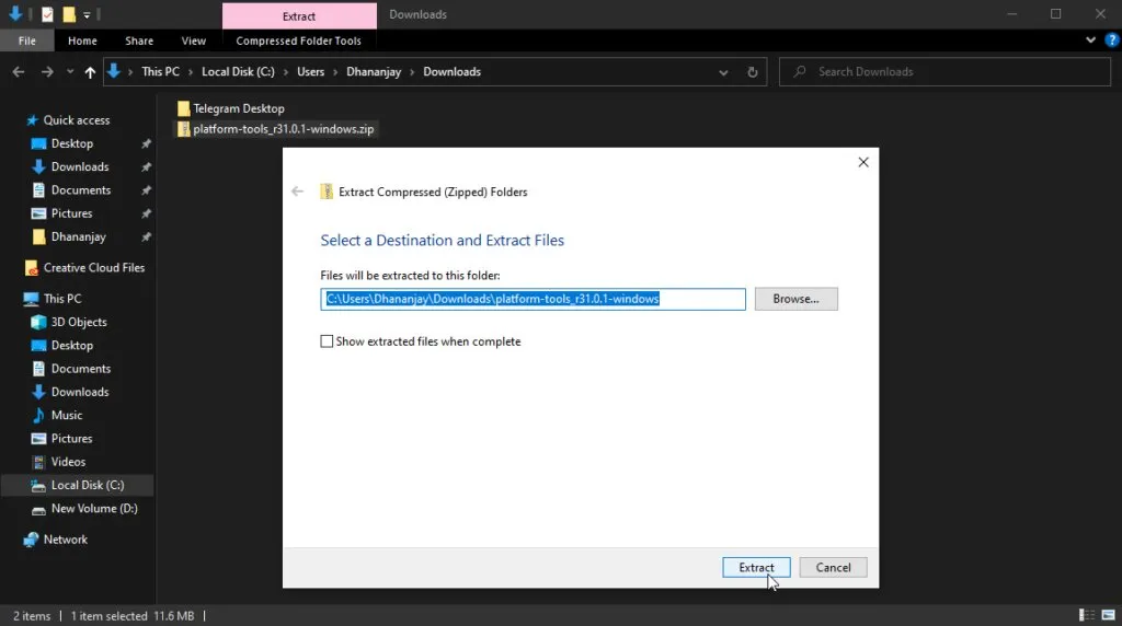 Extract Android SDK platform-tools package on your Windows computer