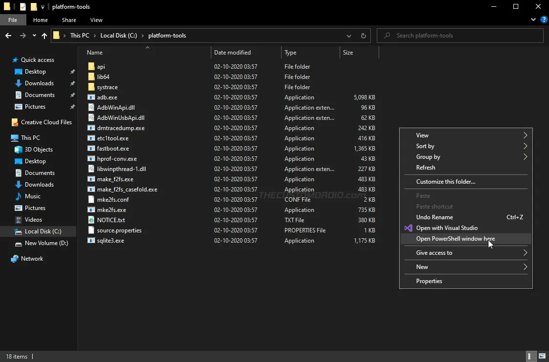 Launch Windows PowerShell inside 'platform-tools' folder