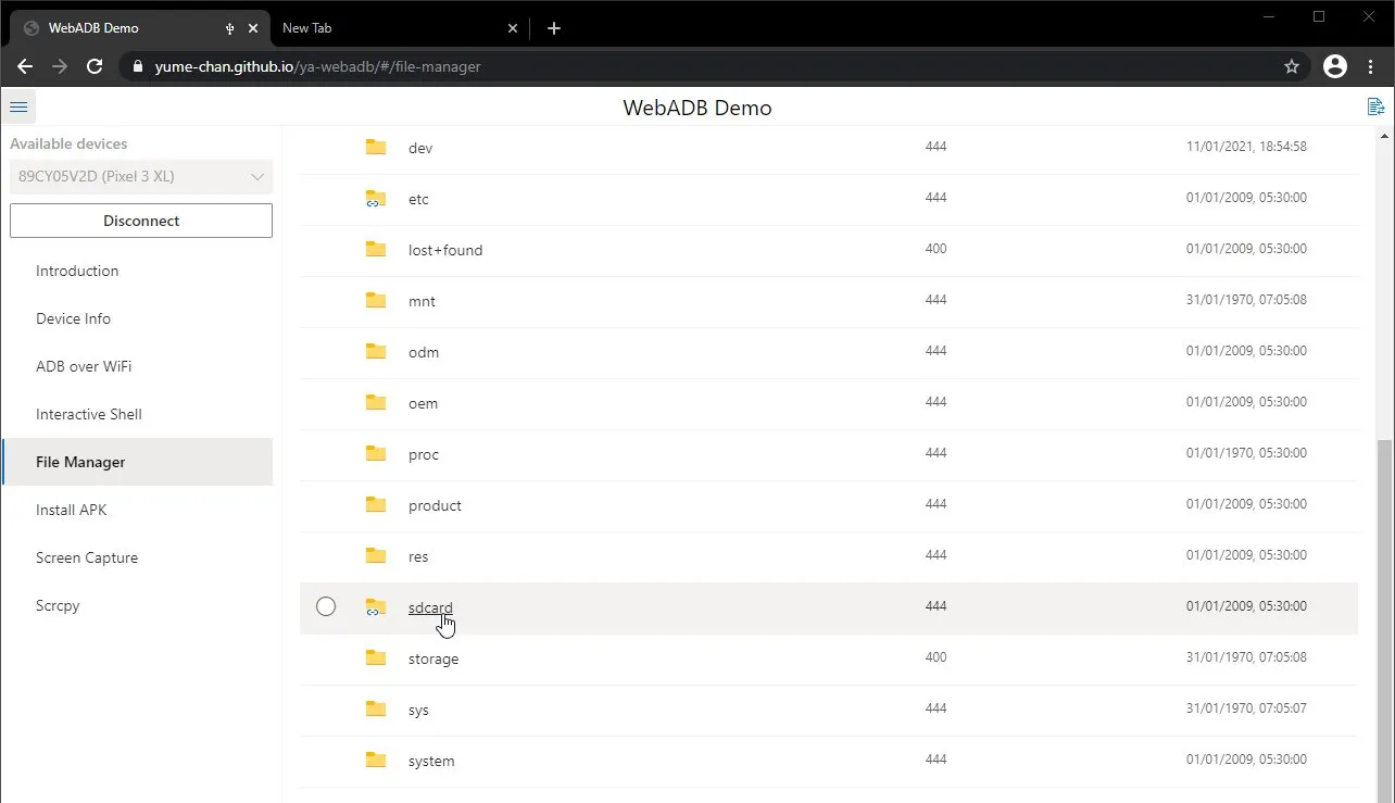 Using the file manager in WebADB