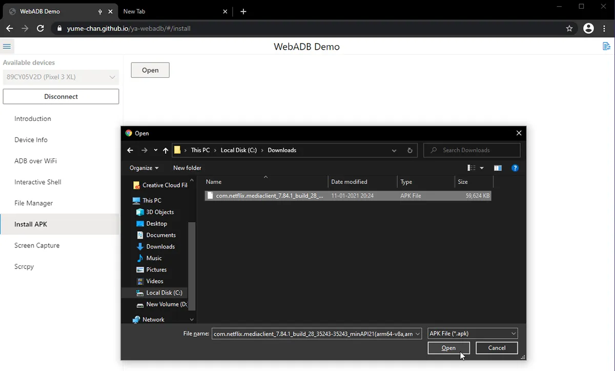 Using WebADB to install APK